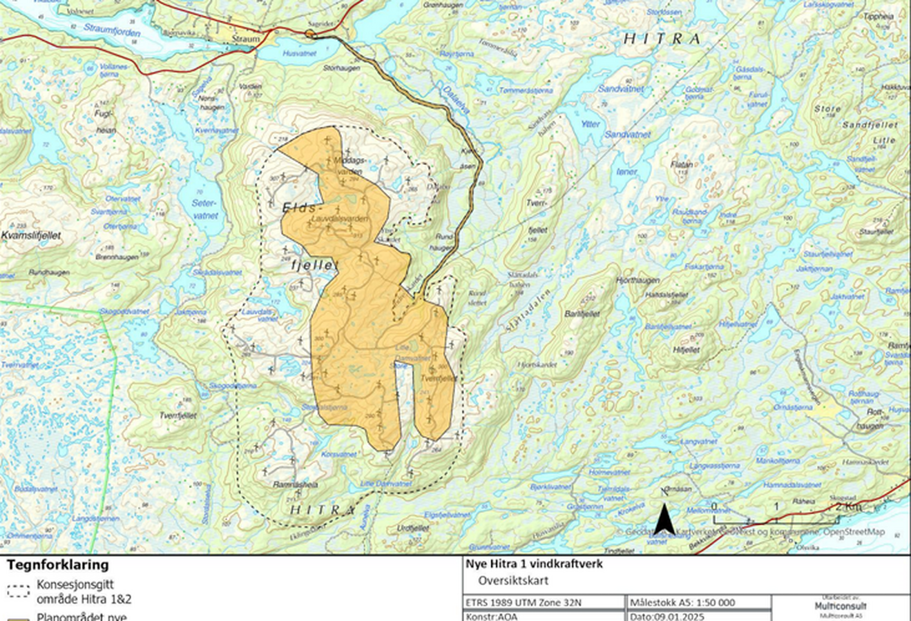 Kartutsnitt som viser foreslått planavgrensning for nye Hitra 1 vindkraftverk og nettilknytning. Dagens planområder er illustrert med en stiplet linje.
